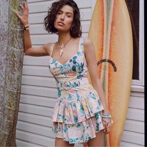 NEW For Love & Lemons Holis Mini Dress Ruffle Tiered Floral Sleeveless Belted
